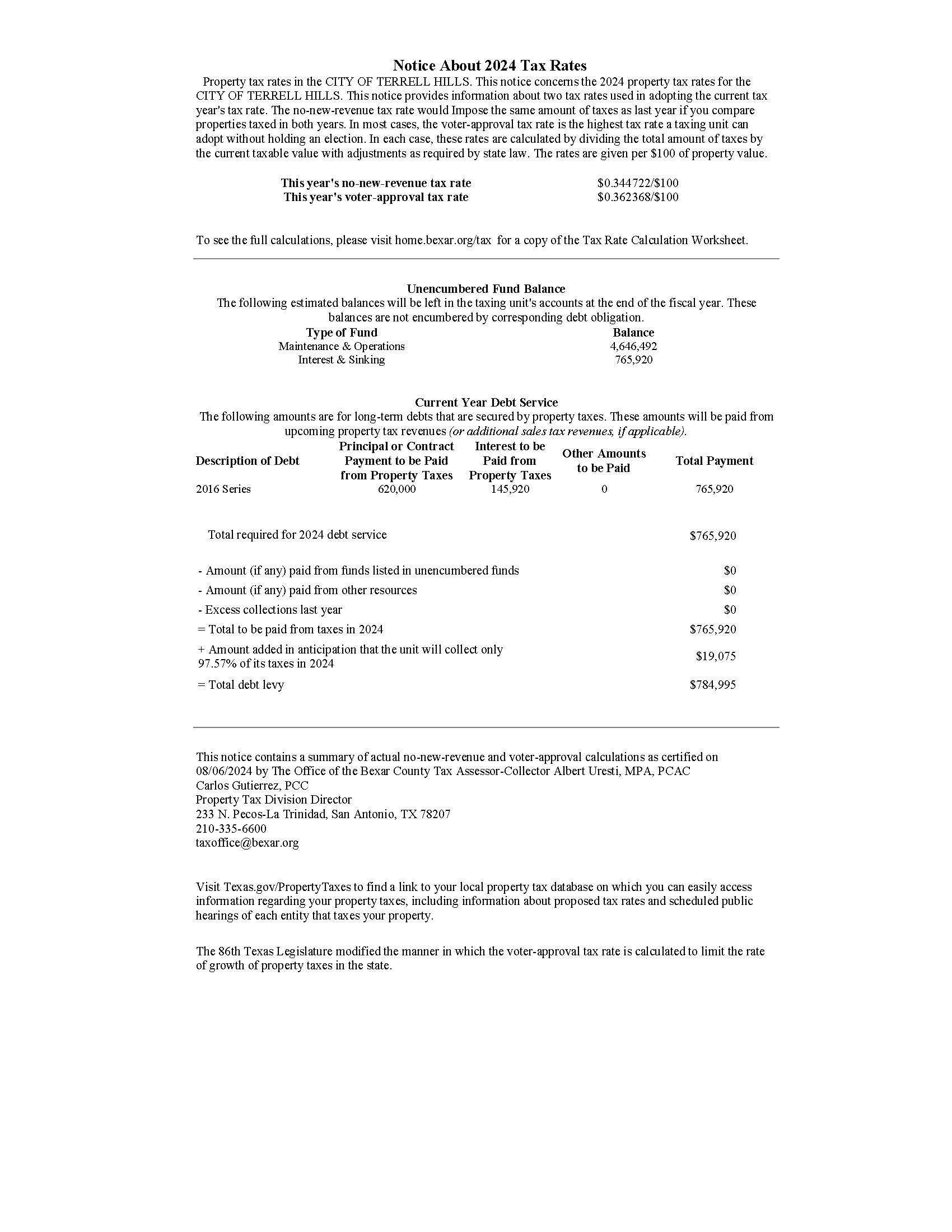 Terrell Hills Tax Rate Notice 2024